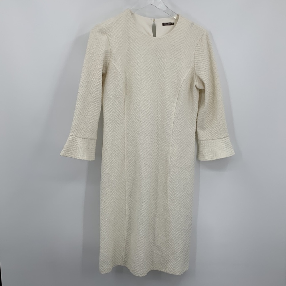 J McLaughlin textured knit cream shift dress bell ruffle sleeve ivory Medium